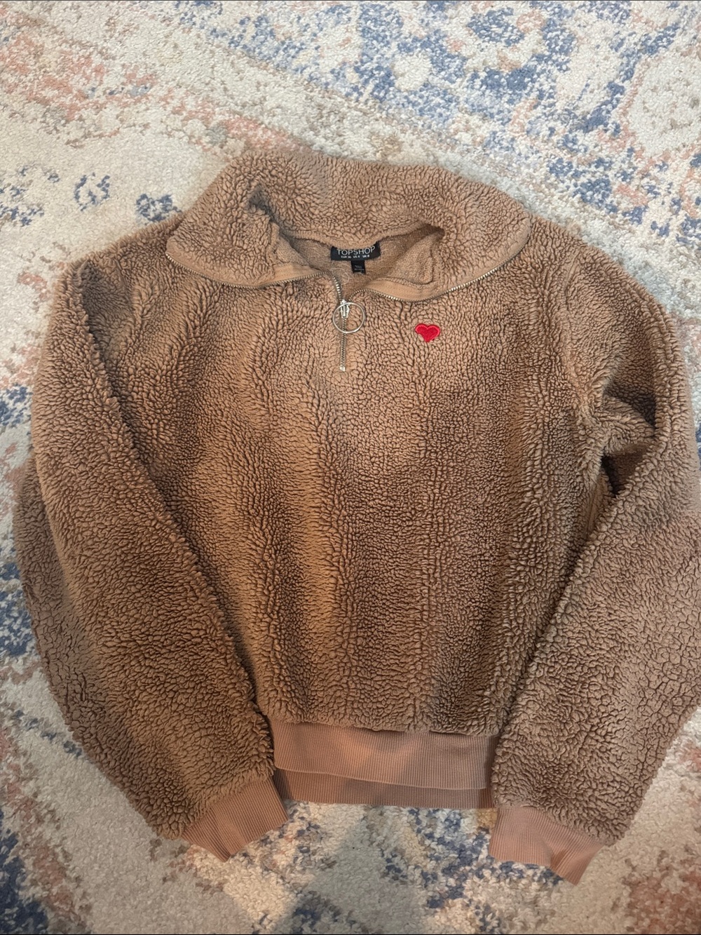 Topshop Brown Teddy Half-Zip Pullover with Red Heart